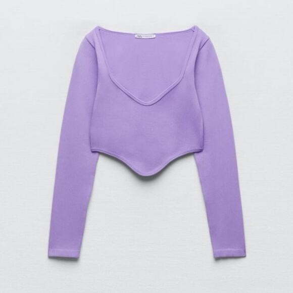 Zara Women's Purple Lavender Rib Knit Long Sleeve Pullover Crop Shirt Top M/L - Picture 9 of 11